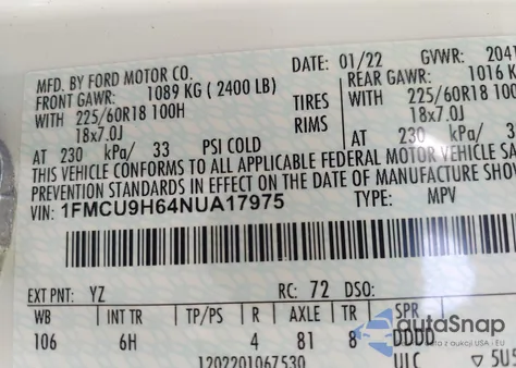 2022 Ford Escape Sel from USA, damaged, VIN 1FMCU9H64NUA17975